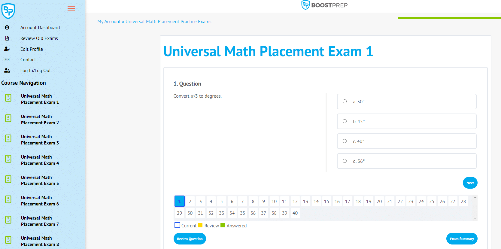 An image showing an example of a practice exam in the Universal Math Placement Prep Course