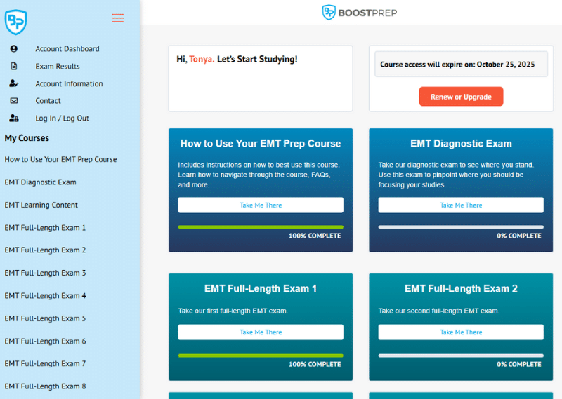 An image showing an example of the dashboard in the BoostPrep EMT course