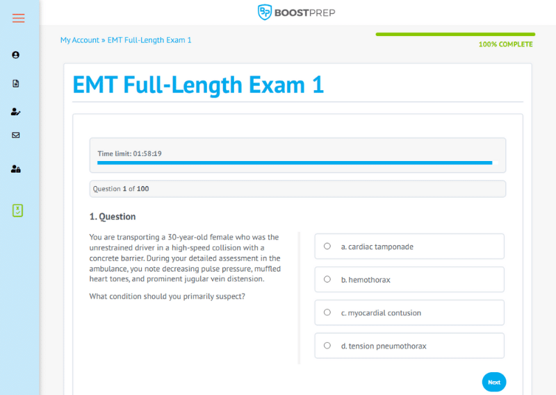 An image showing an example of a practice exam in the BoostPrep EMT course