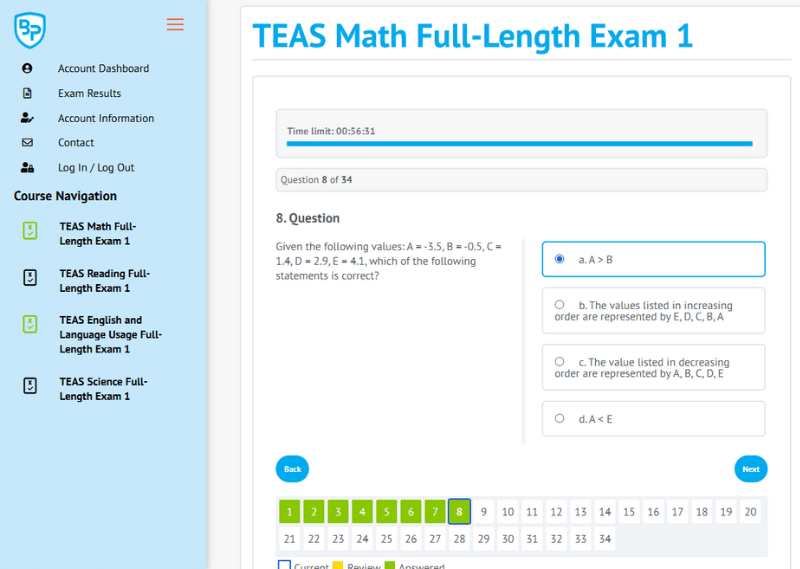 An image showing an example of a practice exam in the BoostPrep TEAS course