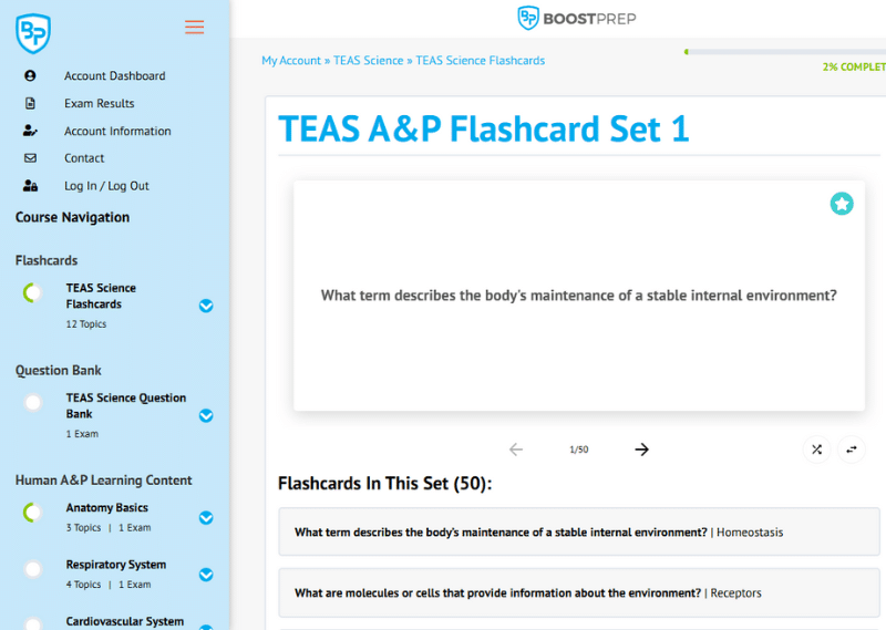 An image showing an example of the flashcards in the BoostPrep TEAS course