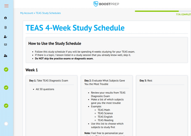 An image showing an example of the study schedules in the BoostPrep TEAS course