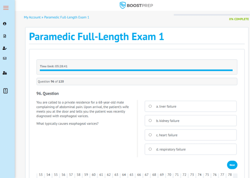 An image showing an example of the full-length exams in the BoostPrep paramedic course