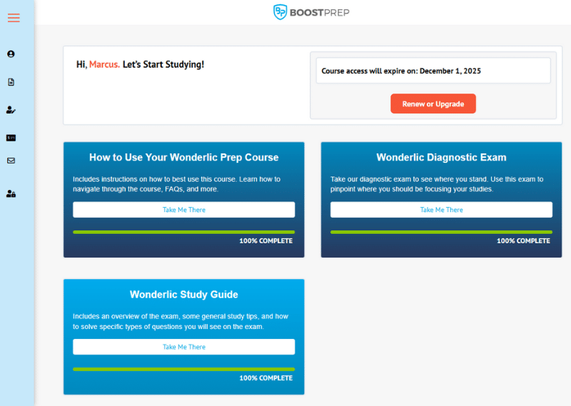An image showing an example of the dashboard in the BoostPrep Wonderlic course