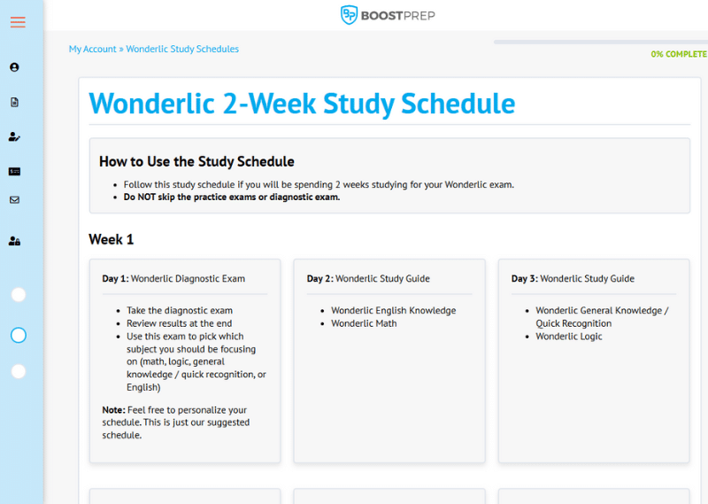 An image showing an example of the study schedules in the BoostPrep Wonderlic course